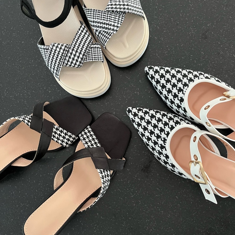 Black and White Houndstooth Sandals with Flat Soles